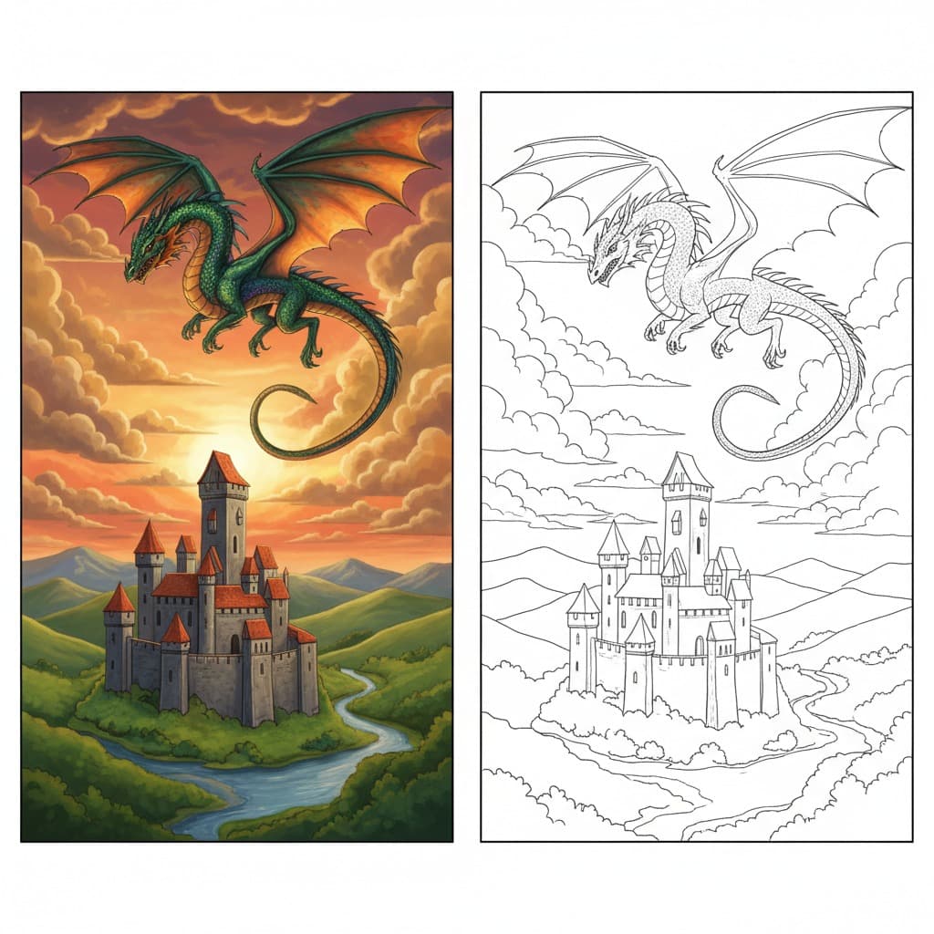 Coloring Book Creation - Creative & Artistic AI image editing prompt. Convert detailed images into black and white coloring book outlines