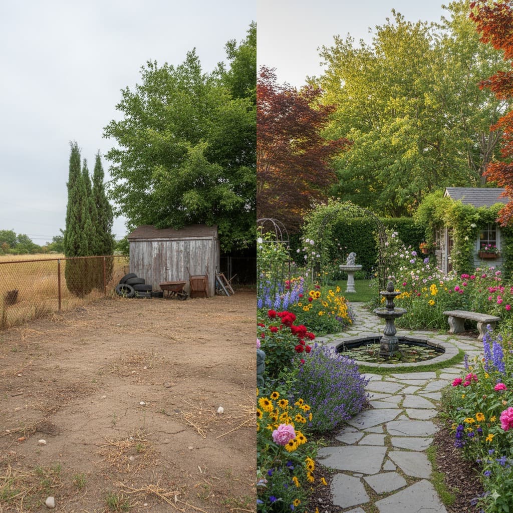 Landscape Design - Background & Environment AI image editing prompt. Redesign outdoor spaces with beautiful landscaping