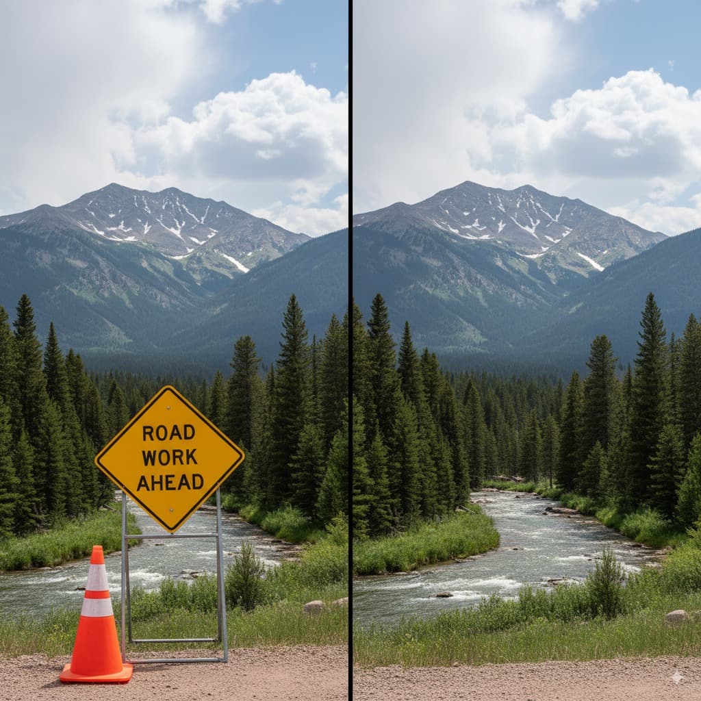 Remove Objects from Scene - Object Manipulation AI image editing prompt. Remove unwanted objects like traffic cones, signs, etc.
